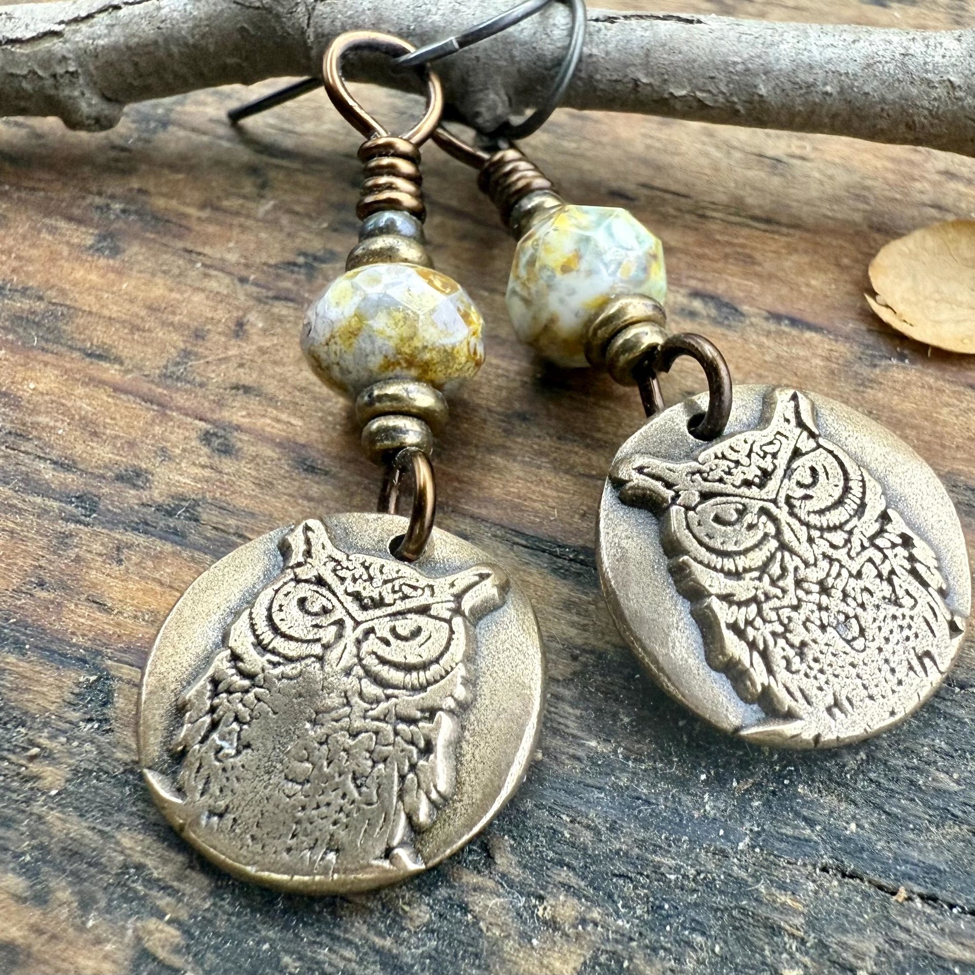 Bronze Owl Earrings, Earthy Witch Jewelry, Faceted Czech Glass Beads, Hypoallergenic Ear Wires, Light Dangle Earrings, Handmade Art Jewelry