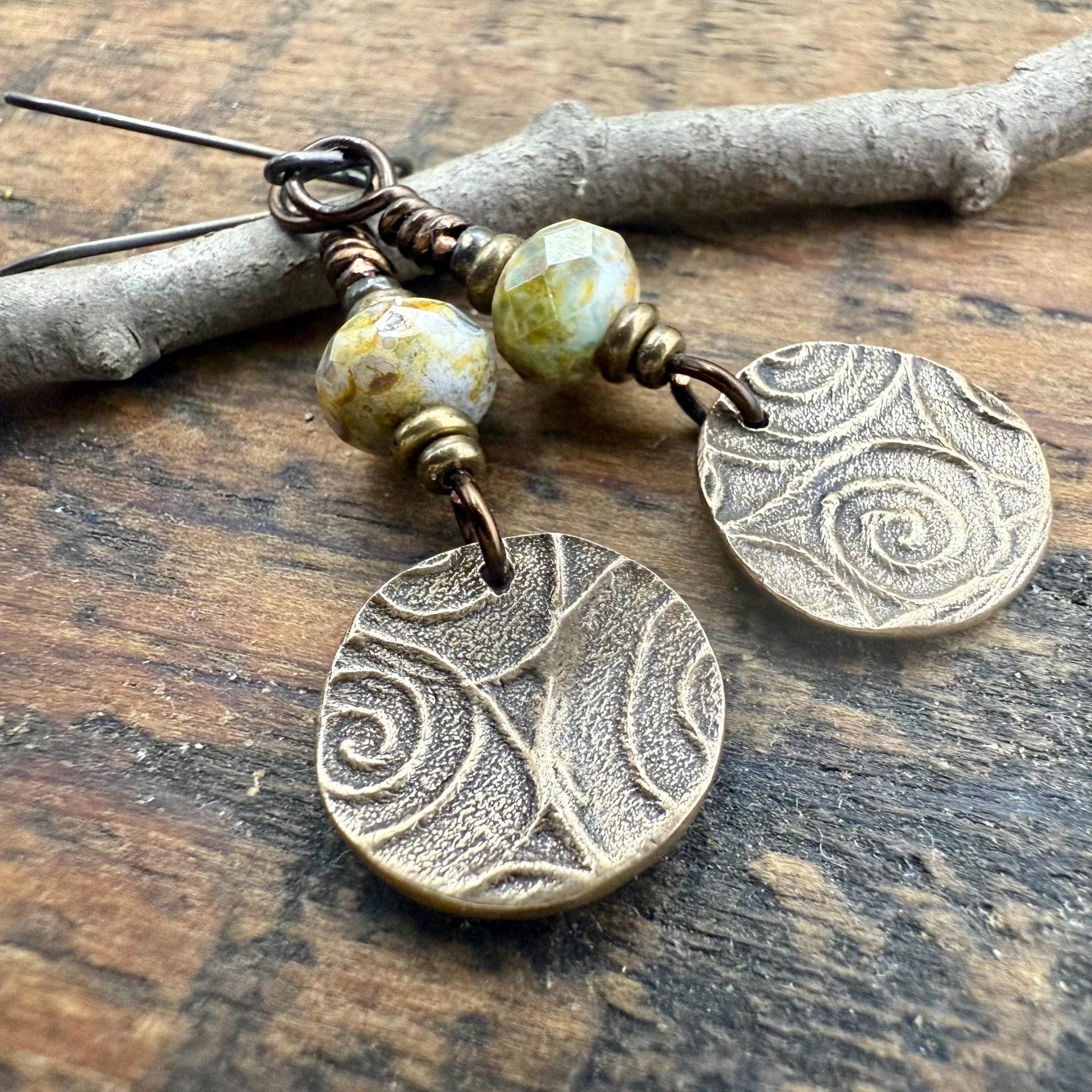 Bronze Owl Earrings, Earthy Witch Jewelry, Faceted Czech Glass Beads, Hypoallergenic Ear Wires, Light Dangle Earrings, Handmade Art Jewelry