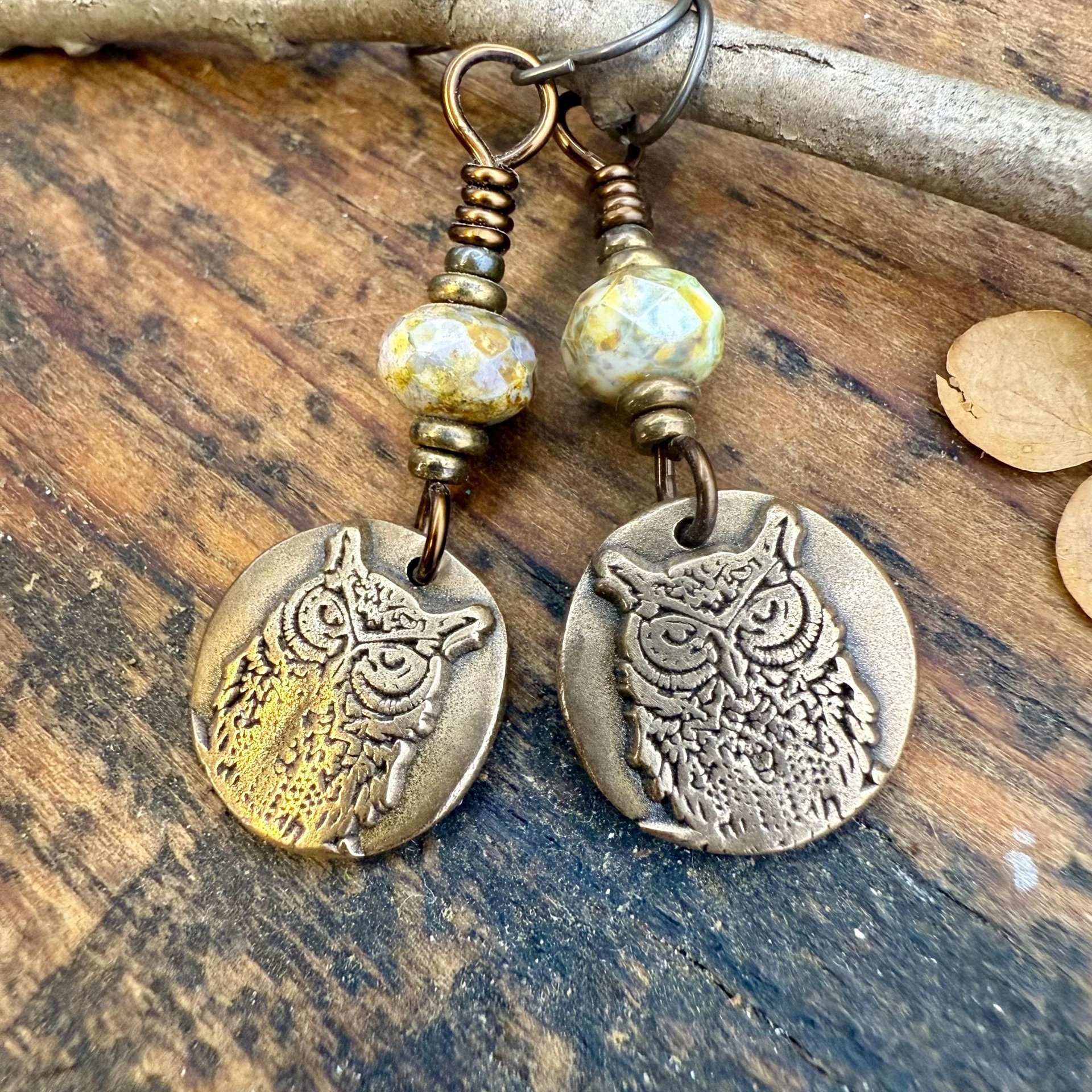 Bronze Owl Earrings, Earthy Witch Jewelry, Faceted Czech Glass Beads, Hypoallergenic Ear Wires, Light Dangle Earrings, Handmade Art Jewelry