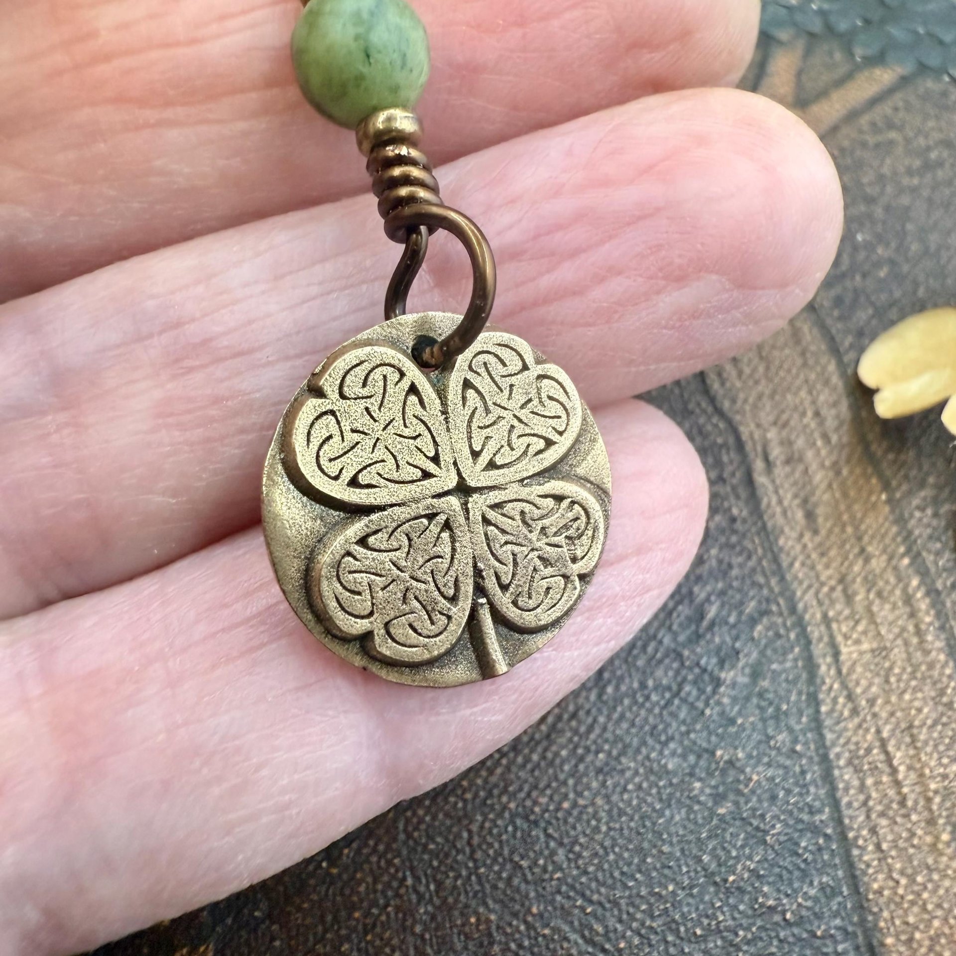 Four Leaf Clover Heart, Bronze Wax Seal Charm, Connemara Marble, Irish Celtic Jewelry, 4 Leaf Clover, Lucky Love Charm, Leather & Vegan Cord