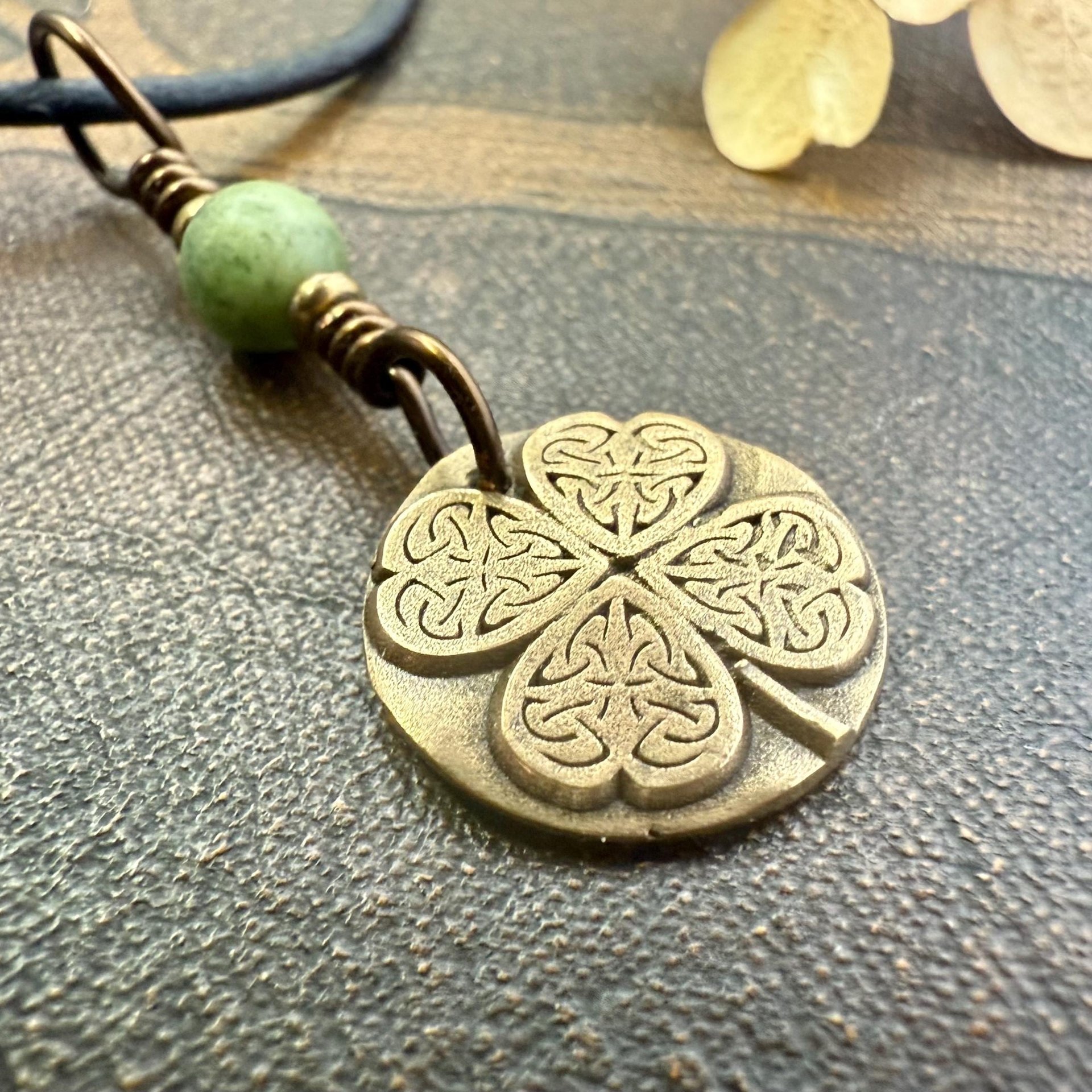 Four Leaf Clover Heart, Bronze Wax Seal Charm, Connemara Marble, Irish Celtic Jewelry, 4 Leaf Clover, Lucky Love Charm, Leather & Vegan Cord