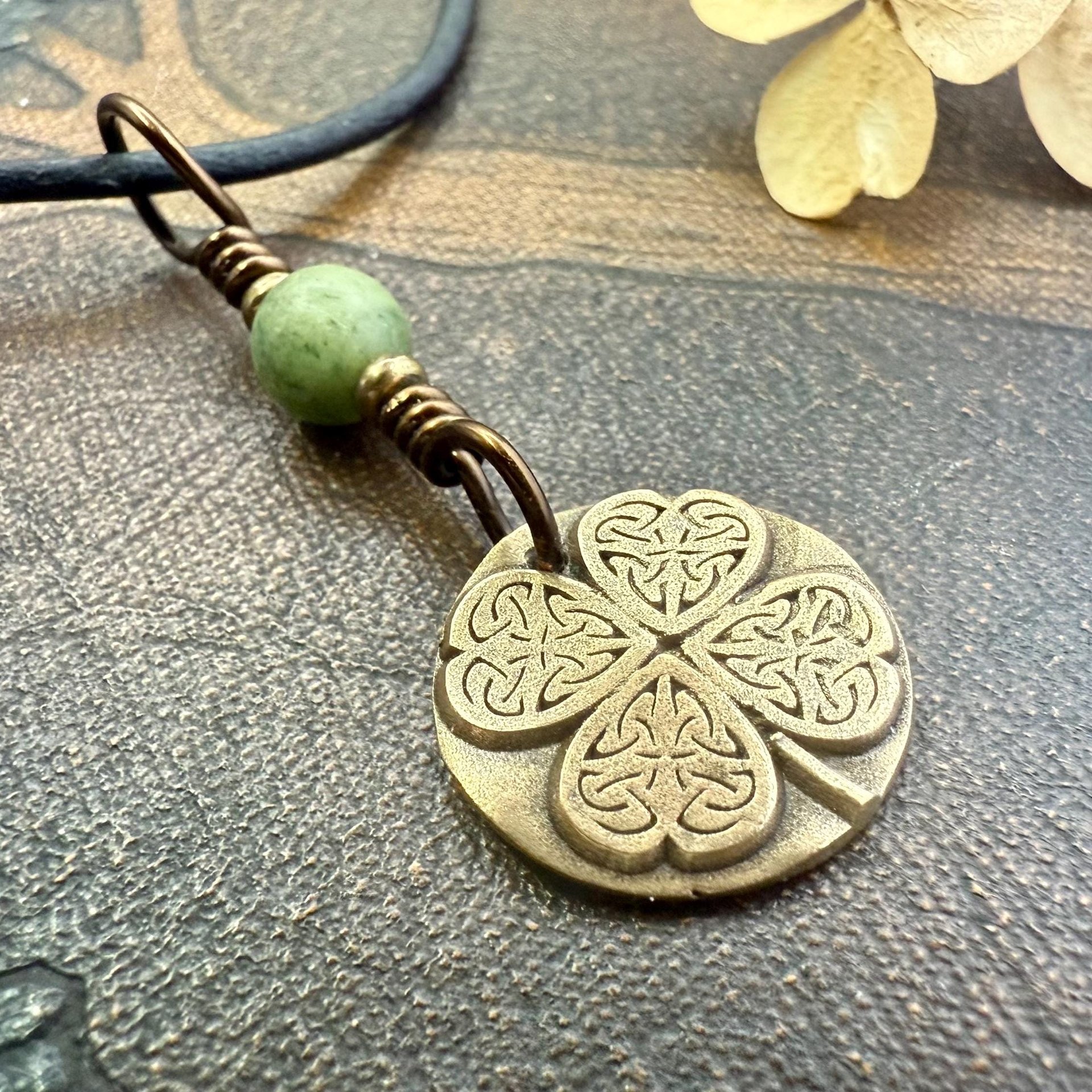 Four Leaf Clover Heart, Bronze Wax Seal Charm, Connemara Marble, Irish Celtic Jewelry, 4 Leaf Clover, Lucky Love Charm, Leather & Vegan Cord