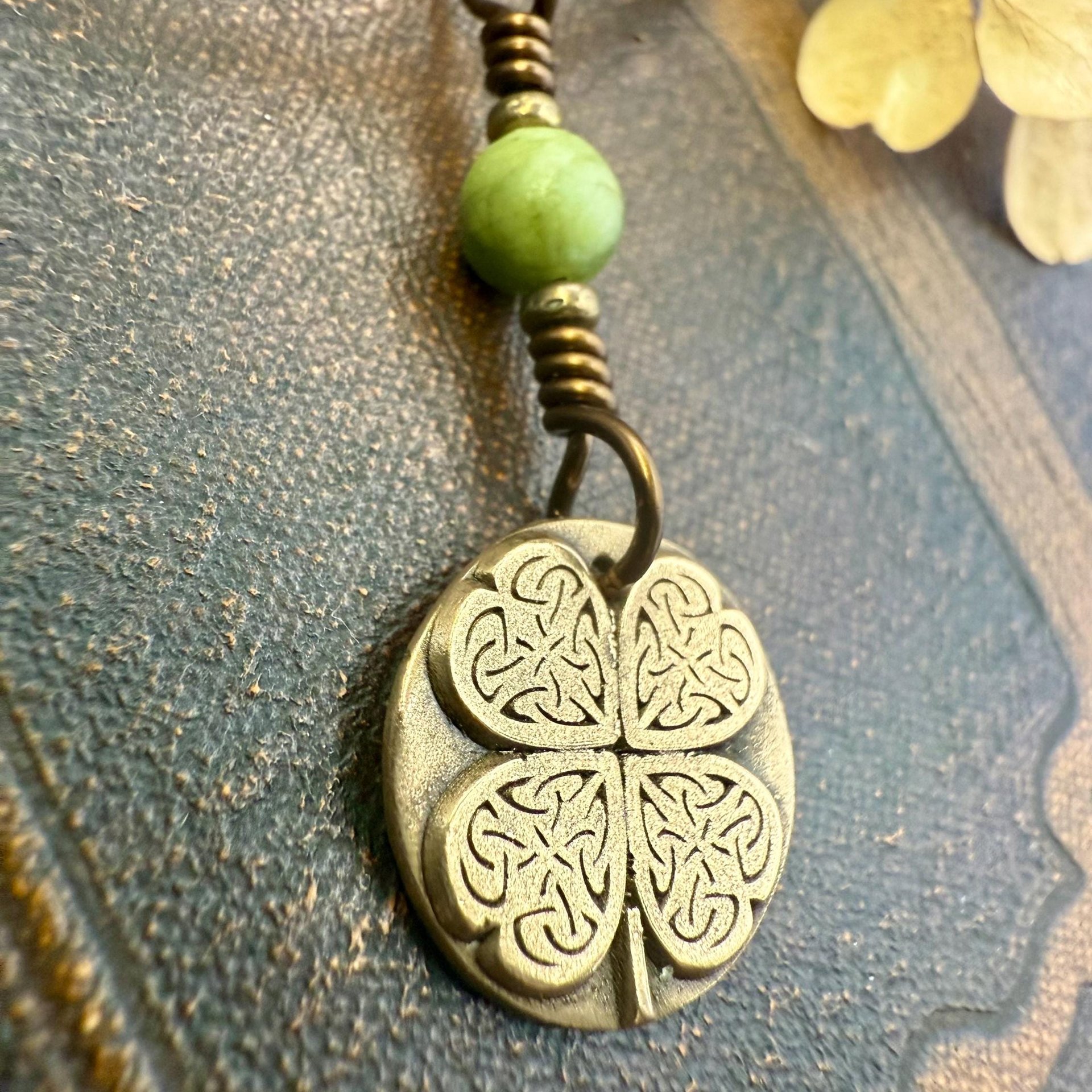 Four Leaf Clover Heart, Bronze Wax Seal Charm, Connemara Marble, Irish Celtic Jewelry, 4 Leaf Clover, Lucky Love Charm, Leather & Vegan Cord