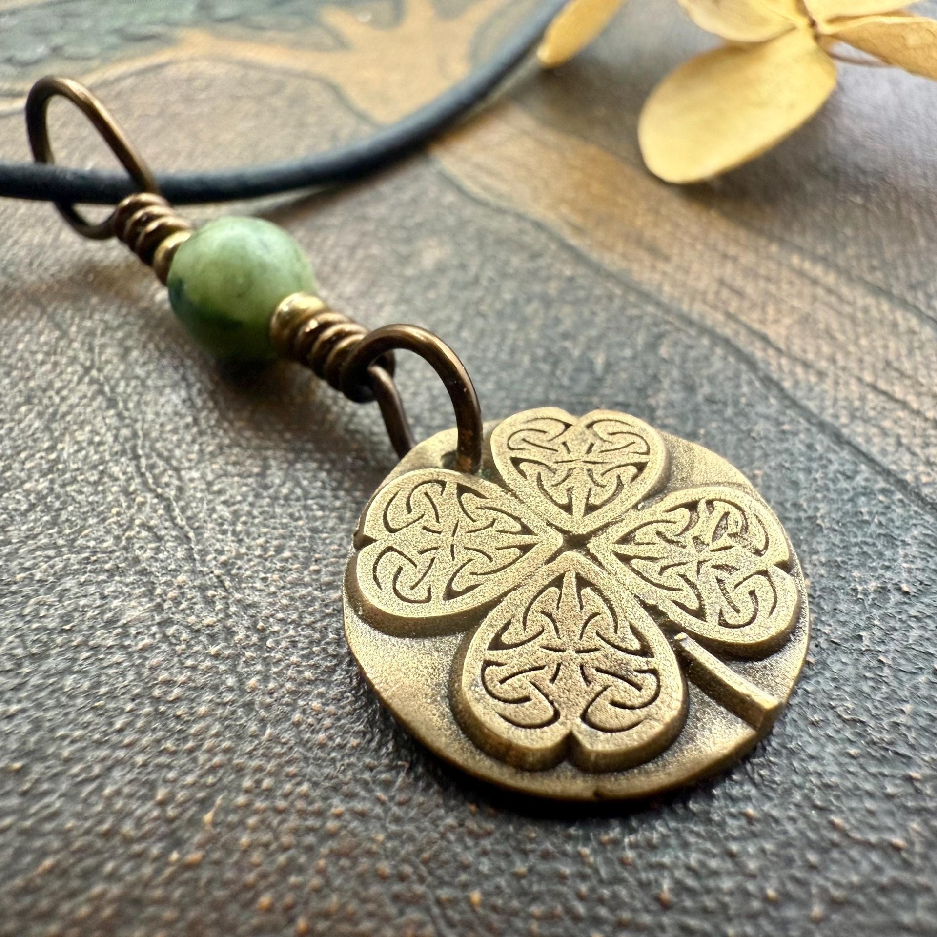 Four Leaf Clover Heart, Bronze Wax Seal Charm, Connemara Marble, Irish Celtic Jewelry, 4 Leaf Clover, Lucky Love Charm, Leather & Vegan Cord