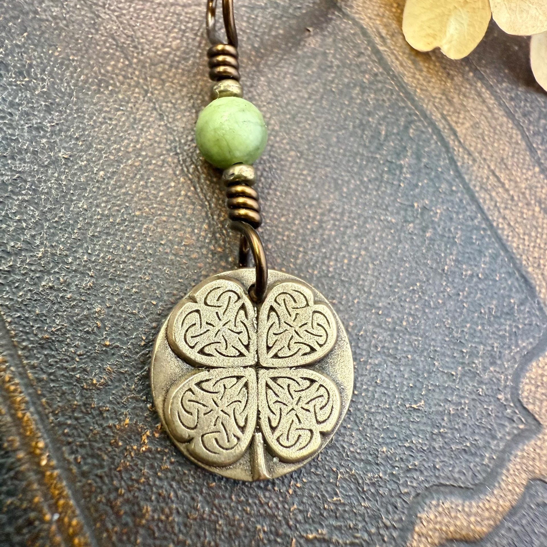 Four Leaf Clover Heart, Bronze Wax Seal Charm, Connemara Marble, Irish Celtic Jewelry, 4 Leaf Clover, Lucky Love Charm, Leather & Vegan Cord