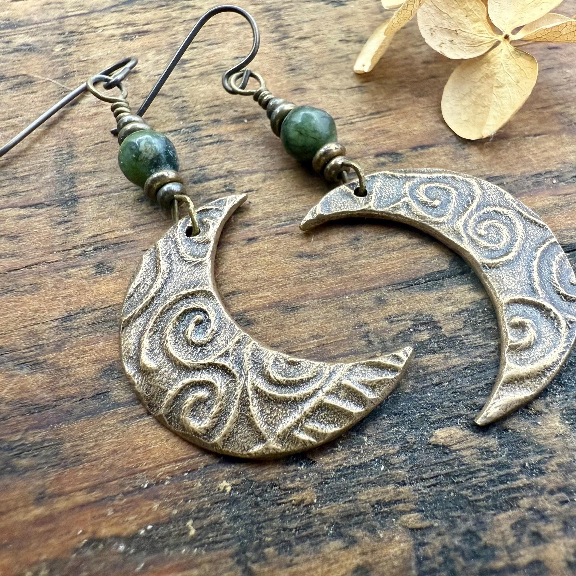 Crescent Moon Bronze Earrings, Connemara Marble Beads, Celtic Witch, Moon Goddess, Hypoallergenic, Pagan Witchy, Everyday Earrings