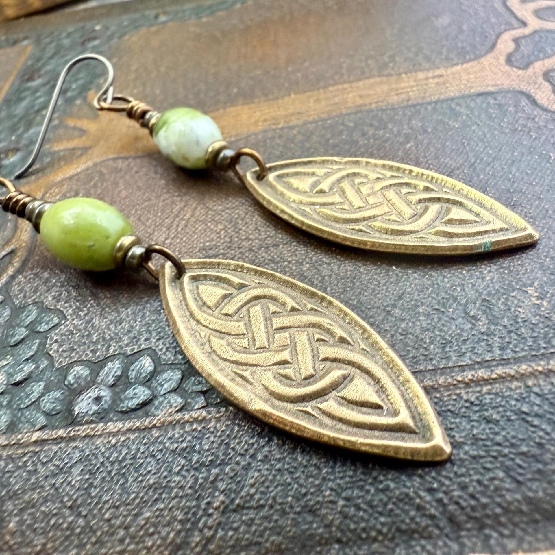 Celtic Knot Bronze Earrings, Irish Celtic Jewelry, Connemara Marble, Long Pointed Oval, Ireland, Handmade Art Jewelry, Celtic Pagan Witch