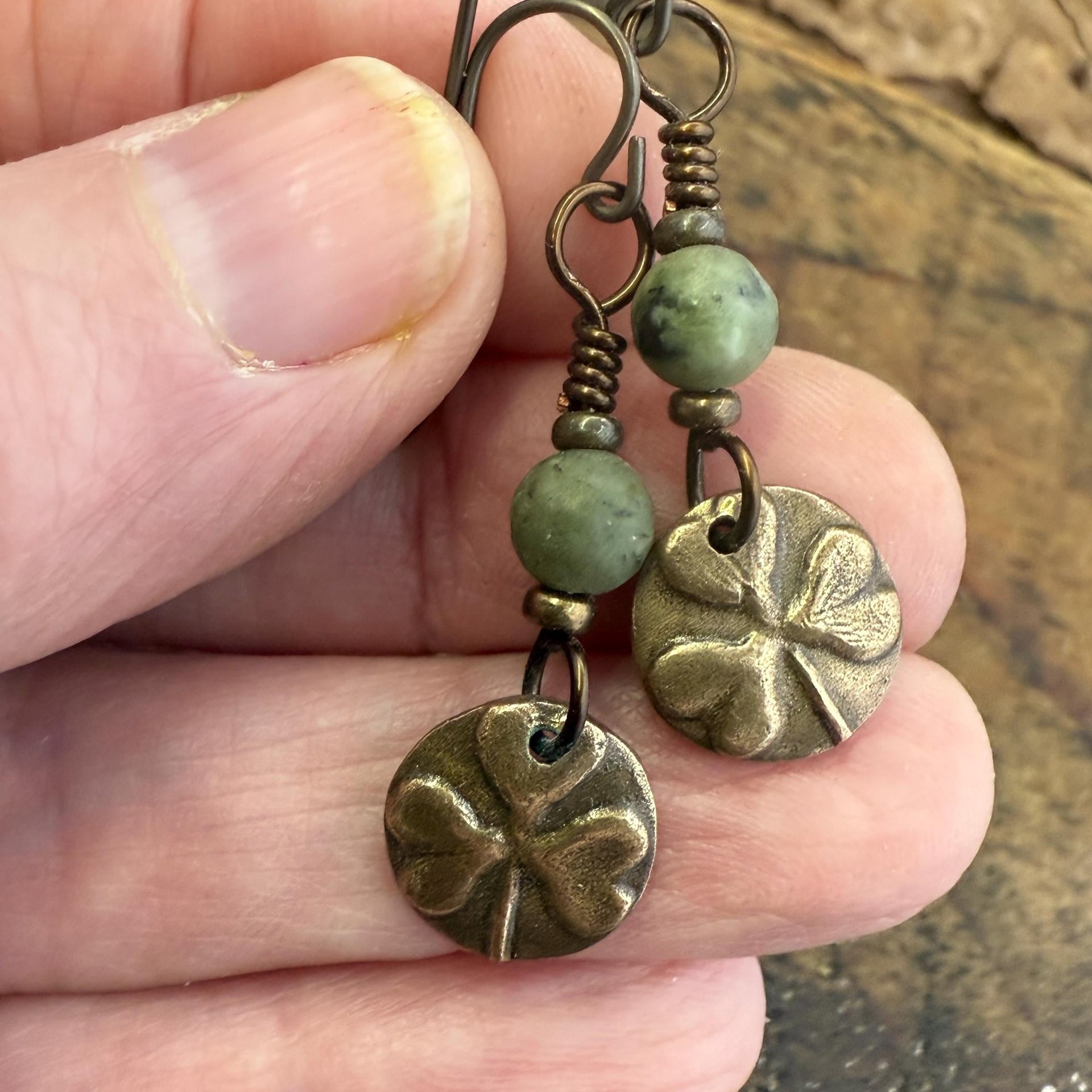 Shamrock Bronze Earrings, Connemara Marble Beads, Irish Celtic Jewelry, Holy Trinity, St Patrick's Day, Tiny Disc, Light Everyday Earrings