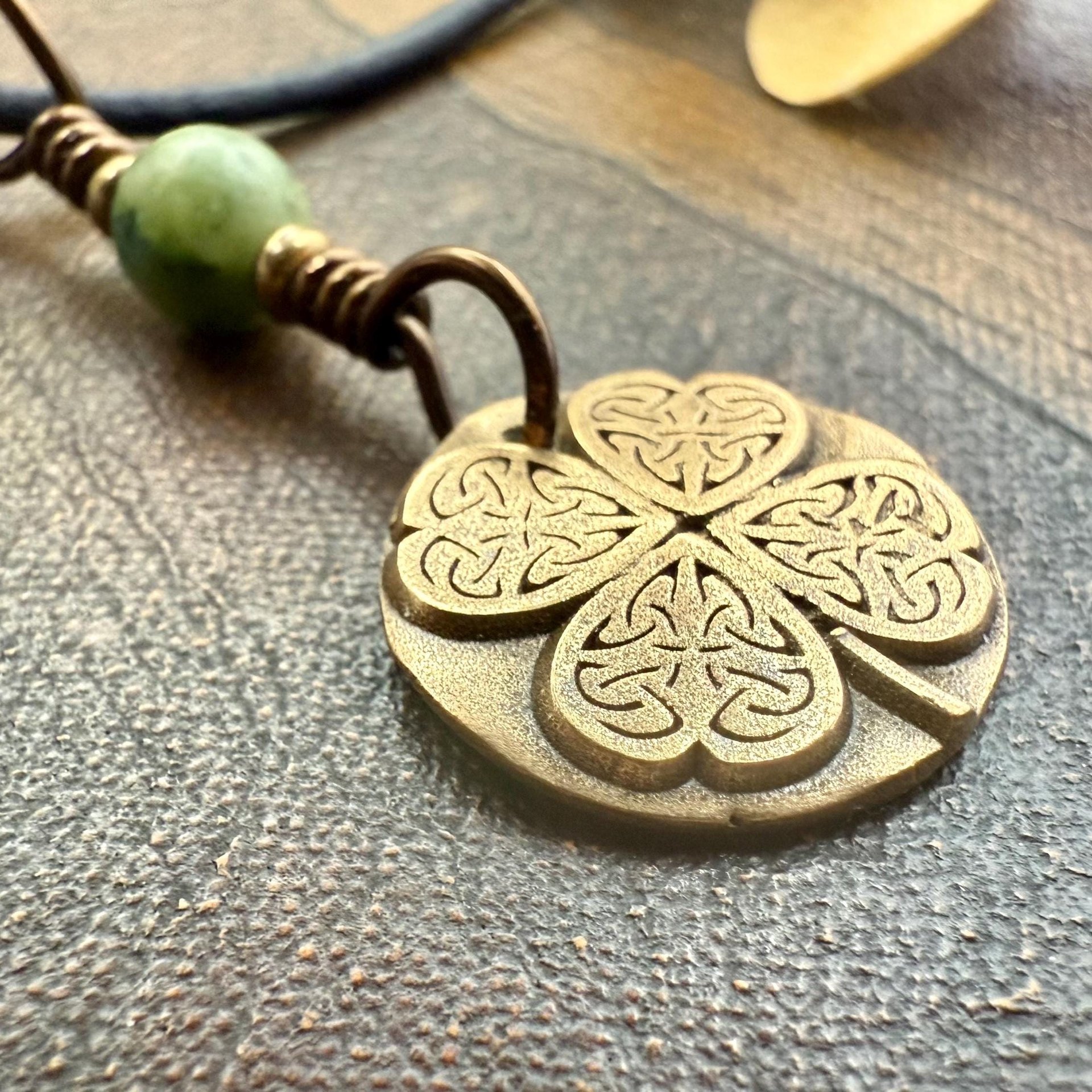 Four Leaf Clover Heart, Bronze Wax Seal Charm, Connemara Marble, Irish Celtic Jewelry, 4 Leaf Clover, Lucky Love Charm, Leather & Vegan Cord