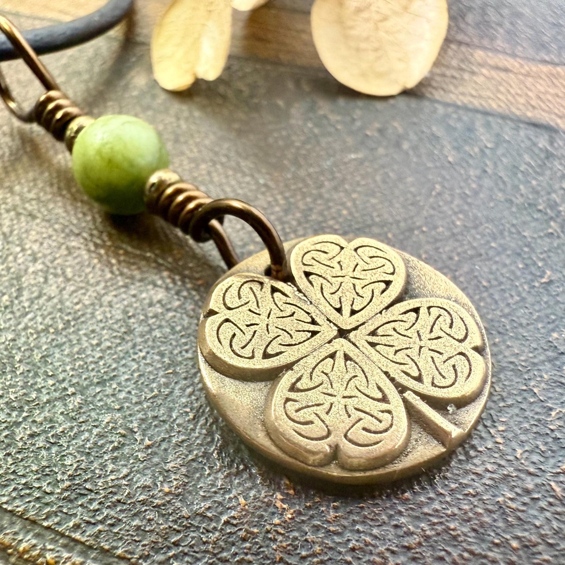 Four Leaf Clover Heart, Bronze Wax Seal Charm, Connemara Marble, Irish Celtic Jewelry, 4 Leaf Clover, Lucky Love Charm, Leather & Vegan Cord