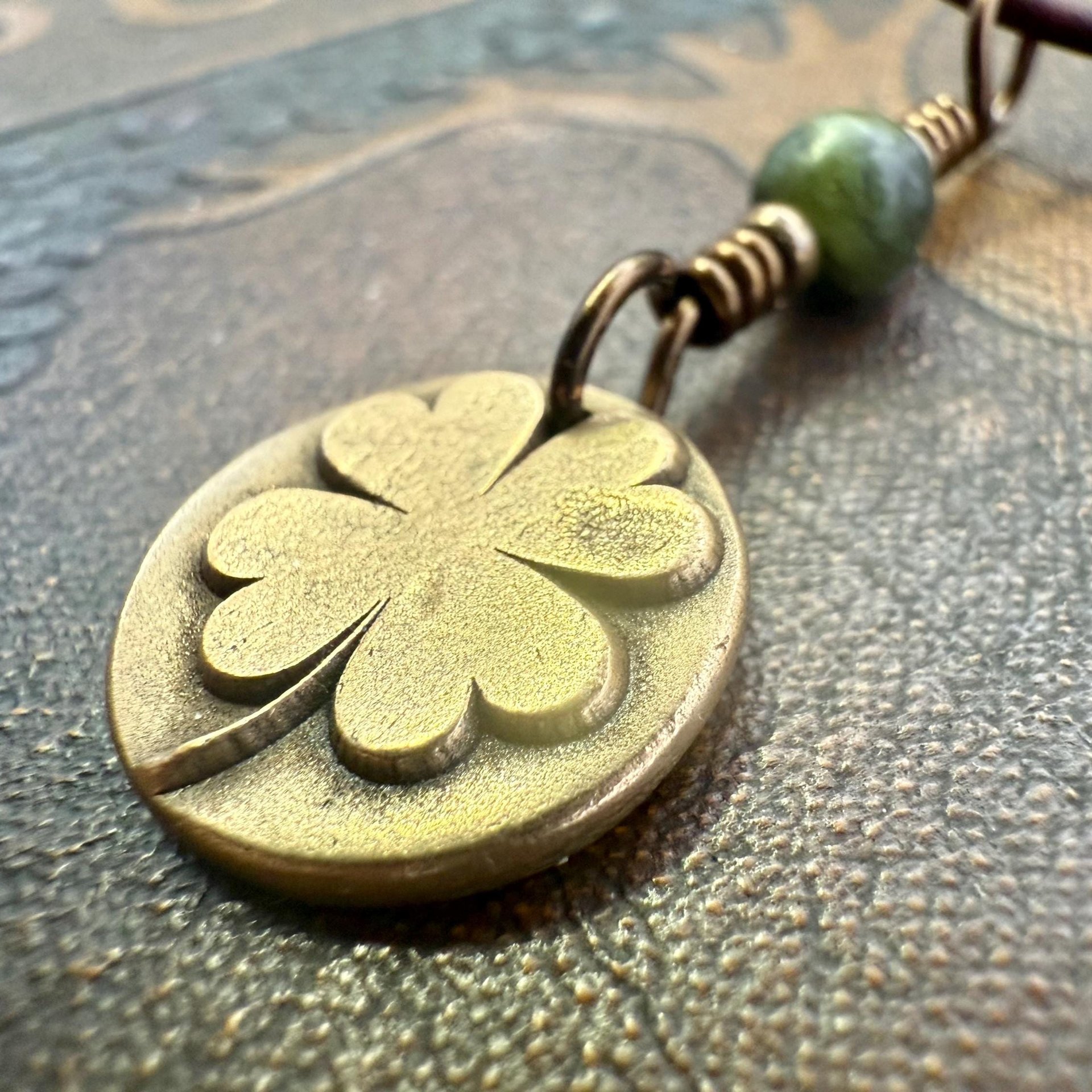 Four Leaf Clover Heart, Bronze Wax Seal Charm, Connemara Marble, Irish Celtic Jewelry, 4 Leaf Clover, Lucky Love Charm, Leather & Vegan Cord