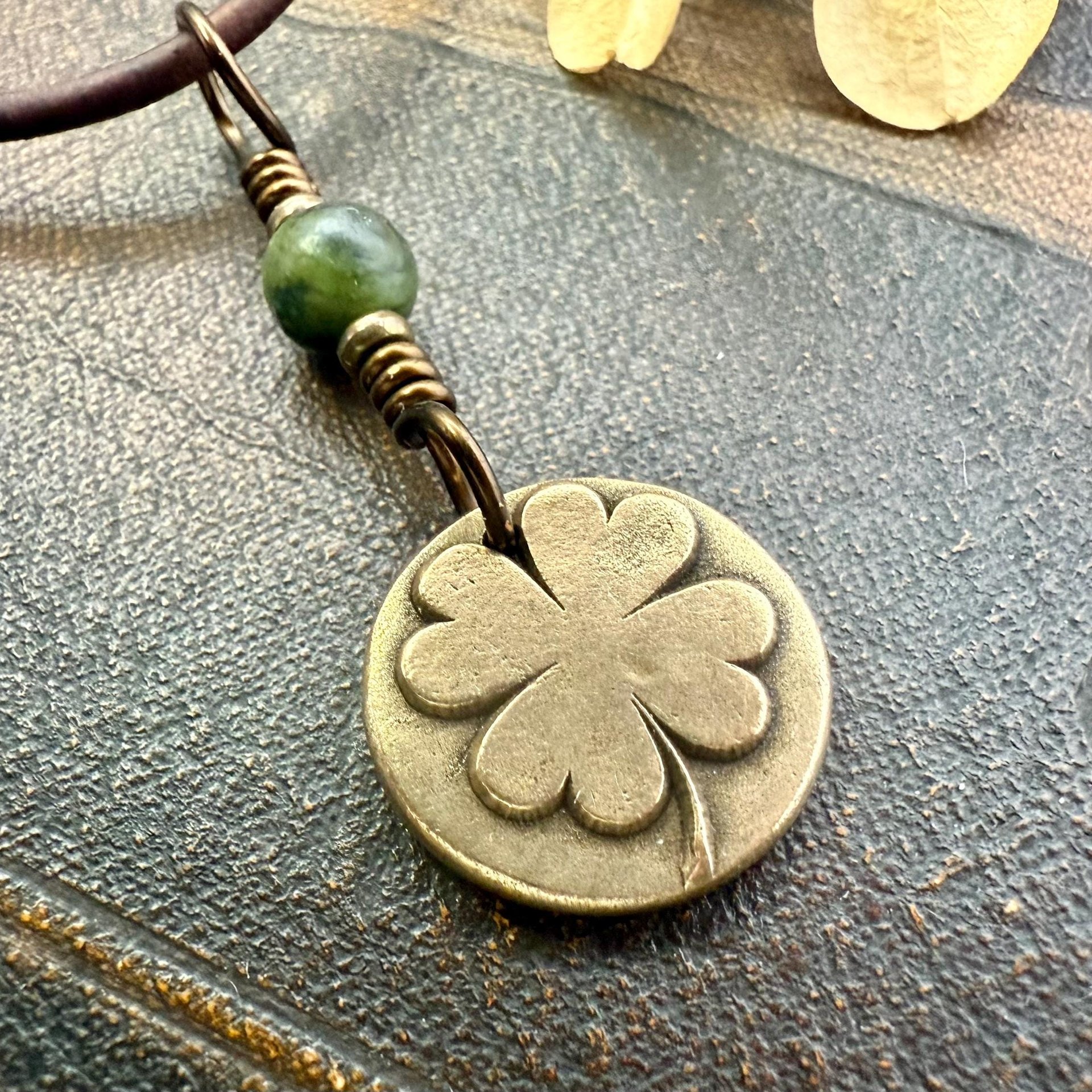 Four Leaf Clover Heart, Bronze Wax Seal Charm, Connemara Marble, Irish Celtic Jewelry, 4 Leaf Clover, Lucky Love Charm, Leather & Vegan Cord