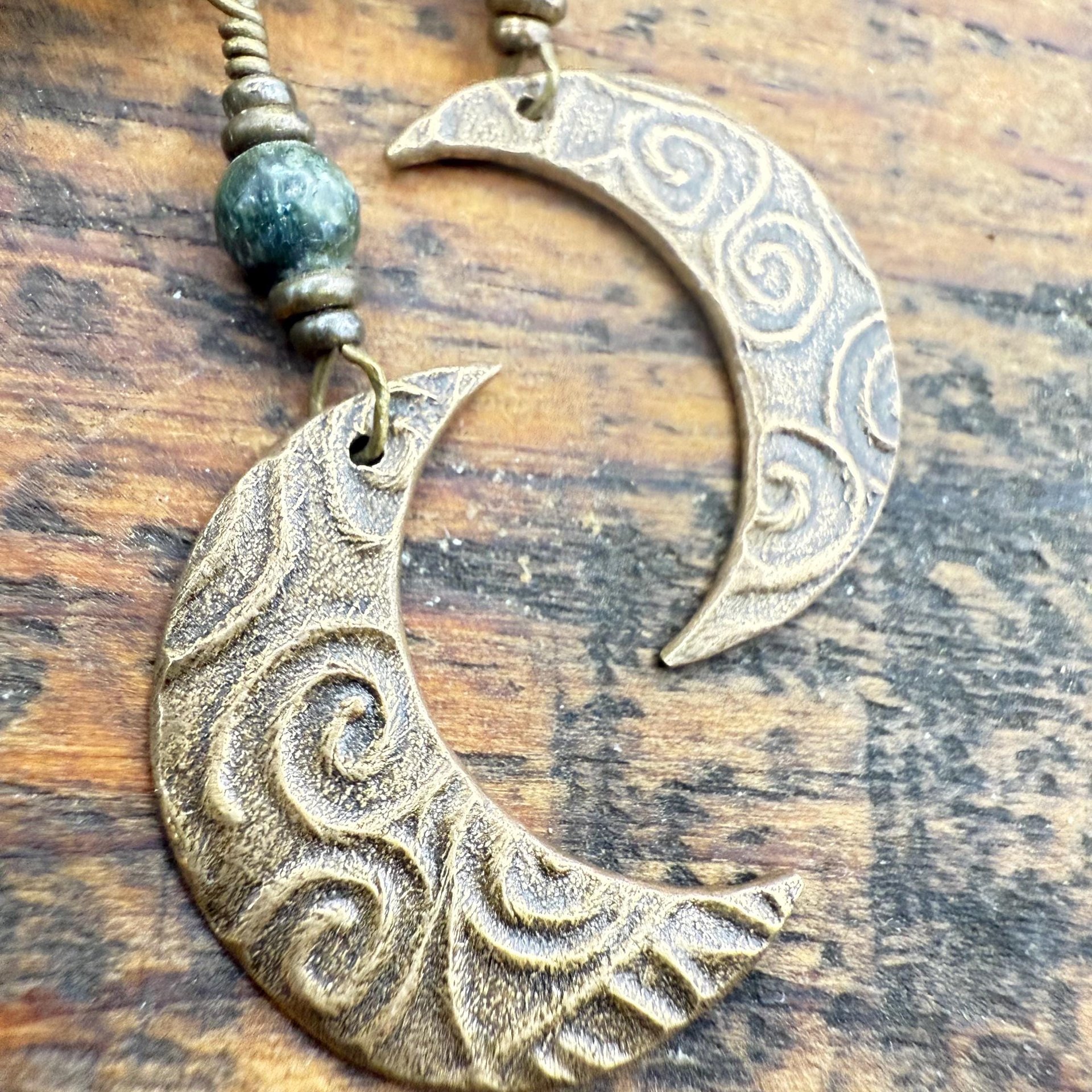 Crescent Moon Bronze Earrings, Connemara Marble Beads, Celtic Witch, Moon Goddess, Hypoallergenic, Pagan Witchy, Everyday Earrings