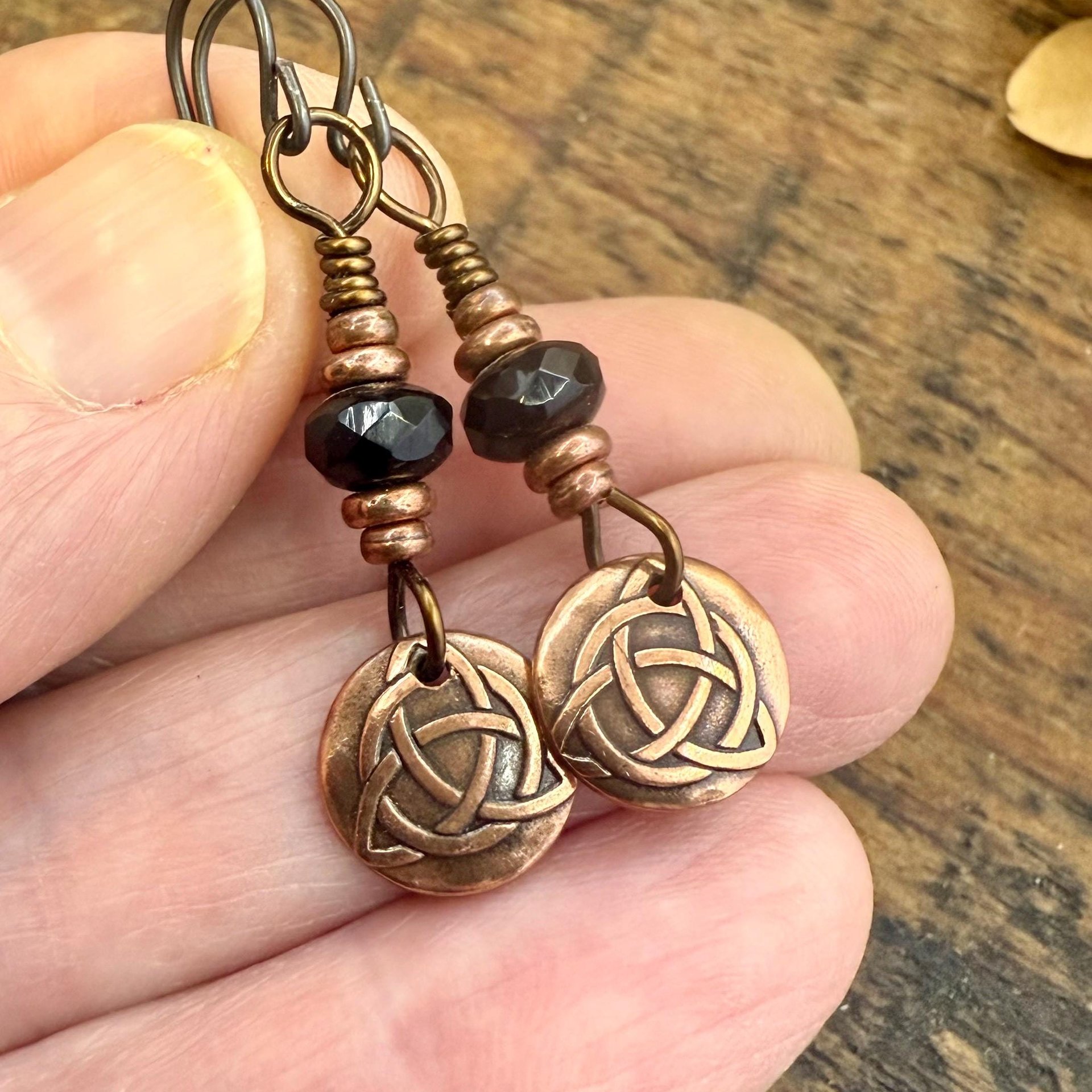 Handmade Copper Trinity Knot Earrings, Czech Glass Beads, Irish Celtic Jewelry, Hypoallergenic Ear Wires, Pagan, Light Everyday Earrings