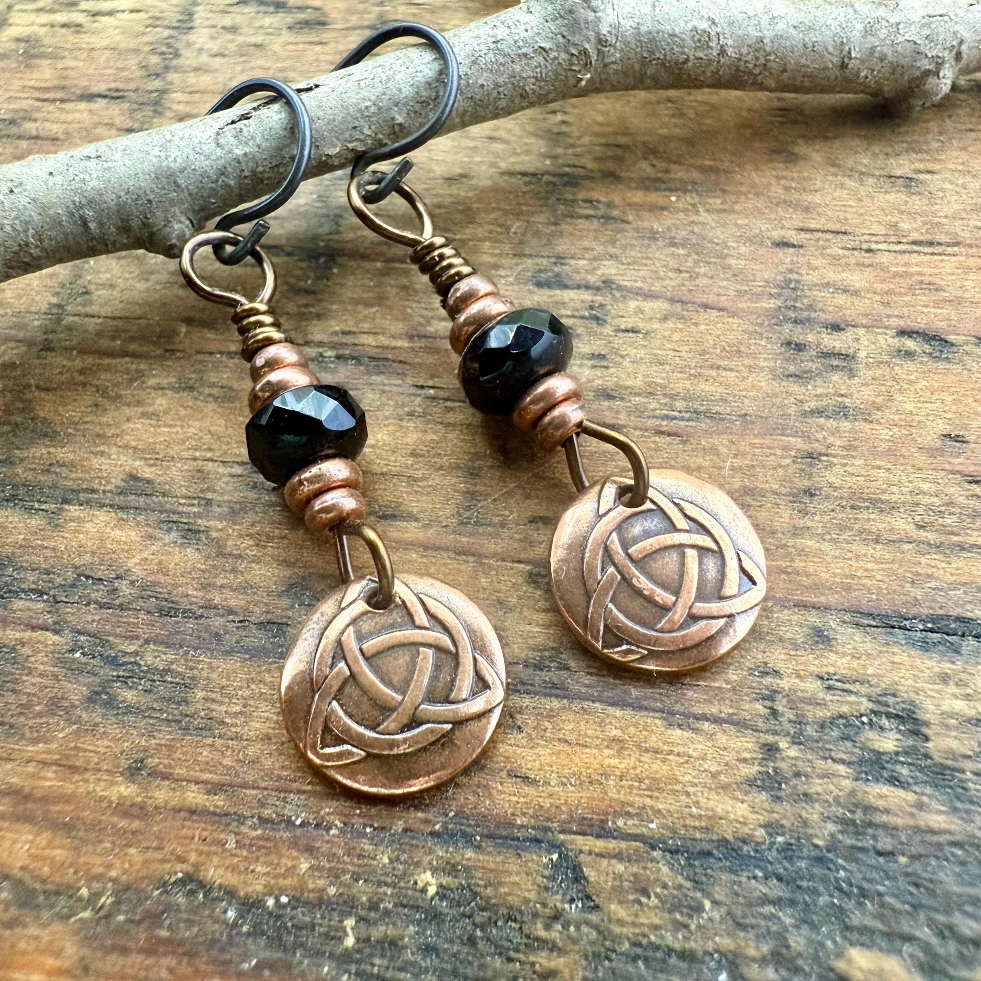 Handmade Copper Trinity Knot Earrings, Czech Glass Beads, Irish Celtic Jewelry, Hypoallergenic Ear Wires, Pagan, Light Everyday Earrings