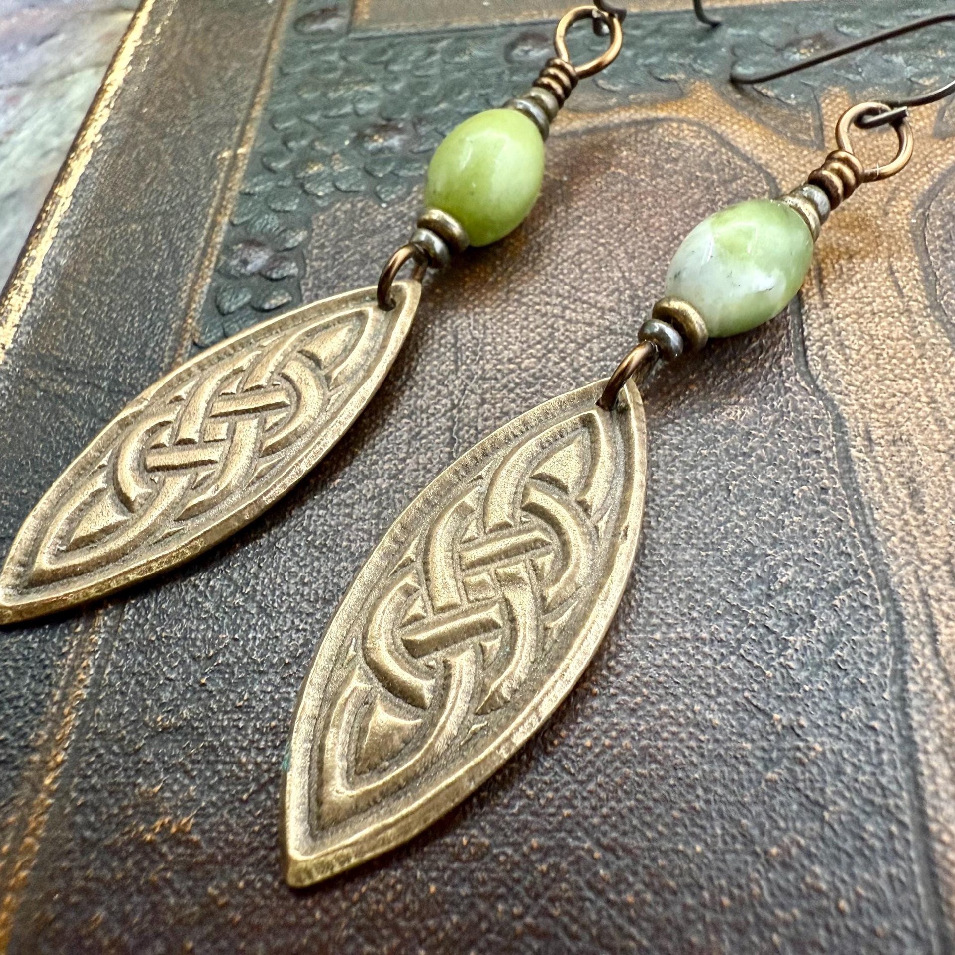 Celtic Knot Bronze Earrings, Irish Celtic Jewelry, Connemara Marble, Long Pointed Oval, Ireland, Handmade Art Jewelry, Celtic Pagan Witch