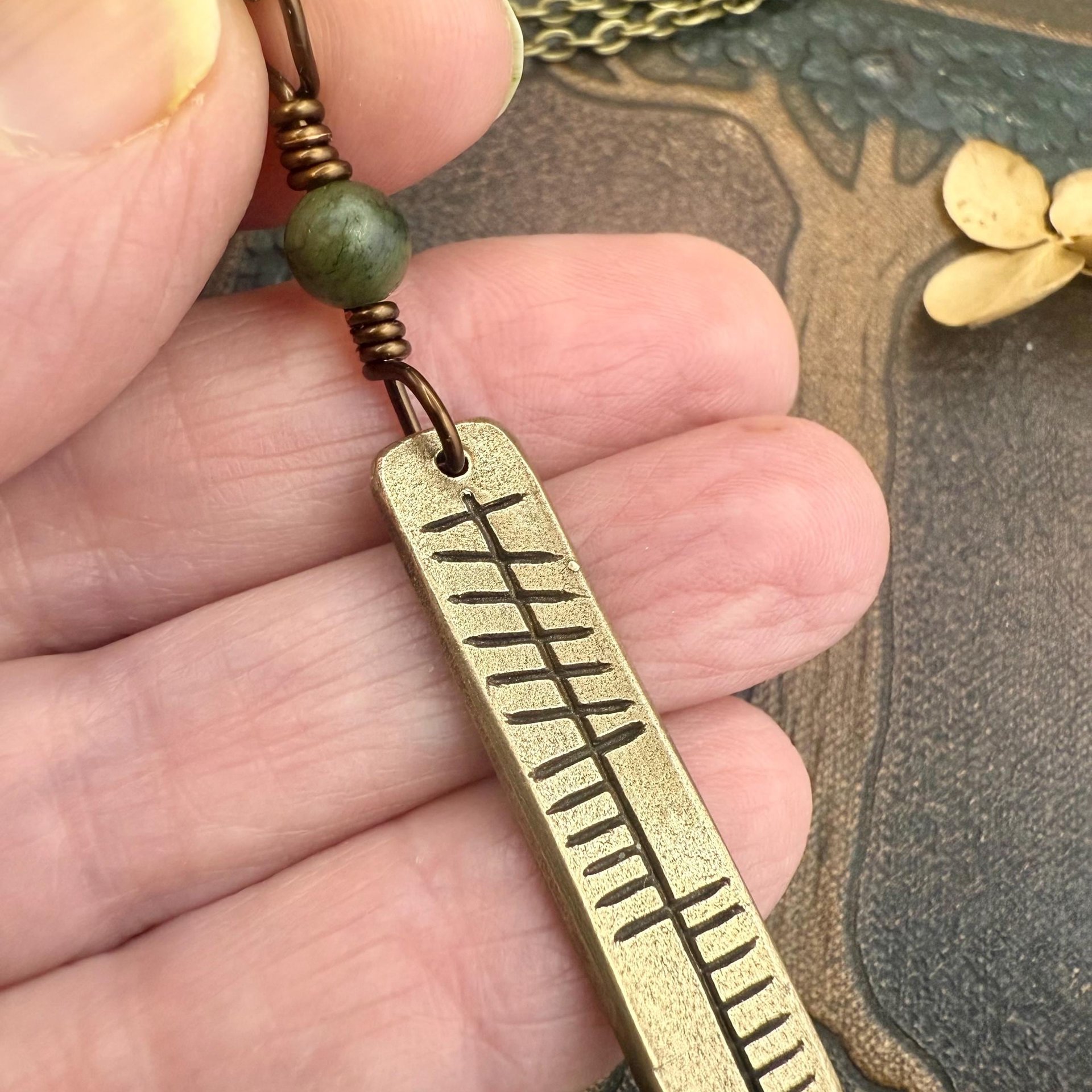 Anam Cara Ogham Necklace, Soul Friend, Bronze Bar Charm, Connemara Marble, Irish Celtic, Soul Mate, Gifts of Love, Irish Gaelic, Best Friend