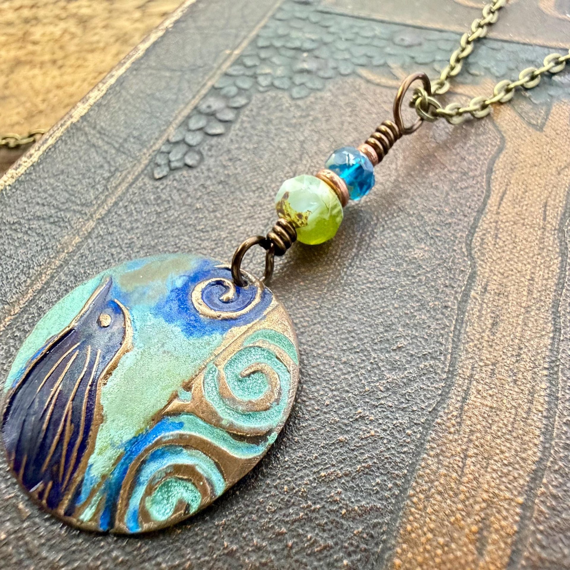 Copper Raven Pendant, Colorful Patina, Czech Glass Beads, Hand Carved, Irish Celtic Spirals, Celtic Witch Goddess, Crow Corvid Birds, Earthy