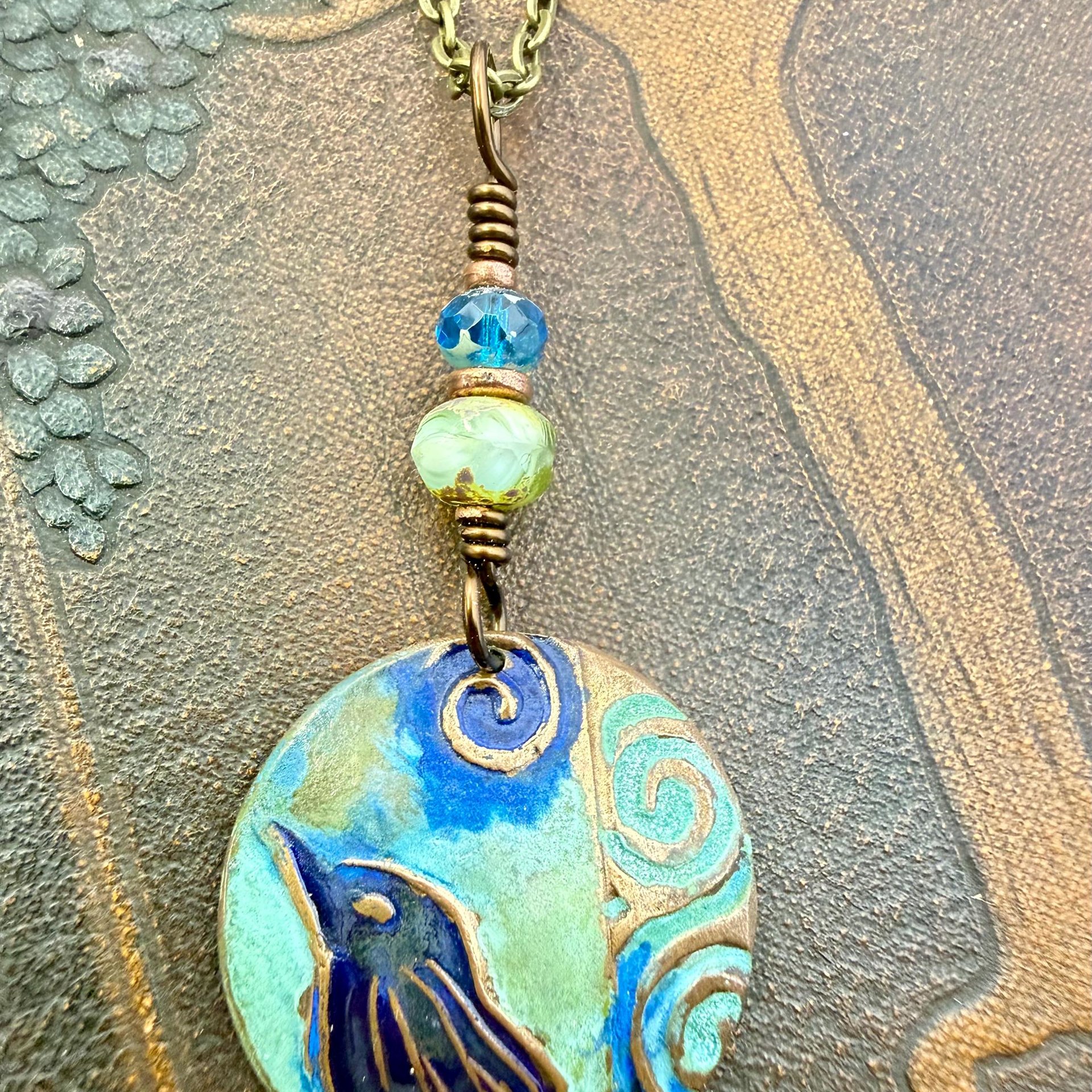 Copper Raven Pendant, Colorful Patina, Czech Glass Beads, Hand Carved, Irish Celtic Spirals, Celtic Witch Goddess, Crow Corvid Birds, Earthy