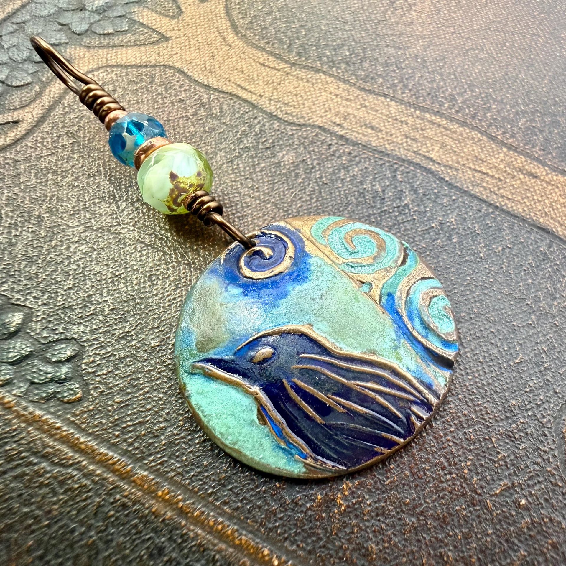 Copper Raven Pendant, Colorful Patina, Czech Glass Beads, Hand Carved, Irish Celtic Spirals, Celtic Witch Goddess, Crow Corvid Birds, Earthy