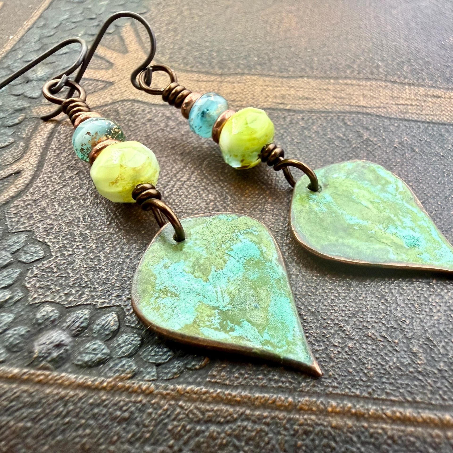 Verdigris Earrings, Copper Patina, Teardrop Dangle, Czech Glass Beads, Boho Hippie, Blue Green Earthy, Soul Harbor Jewelry, Earth Witch
