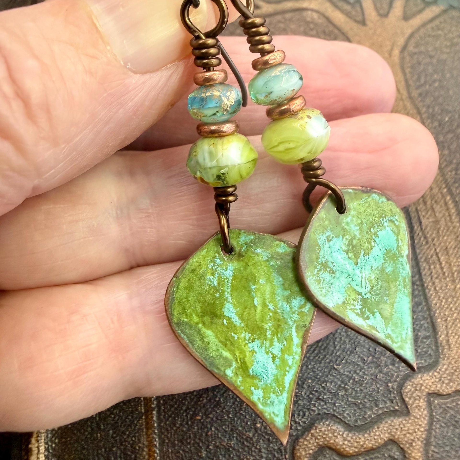 Verdigris Earrings, Copper Patina, Teardrop Dangle, Czech Glass Beads, Boho Hippie, Blue Green Earthy, Soul Harbor Jewelry, Earth Witch