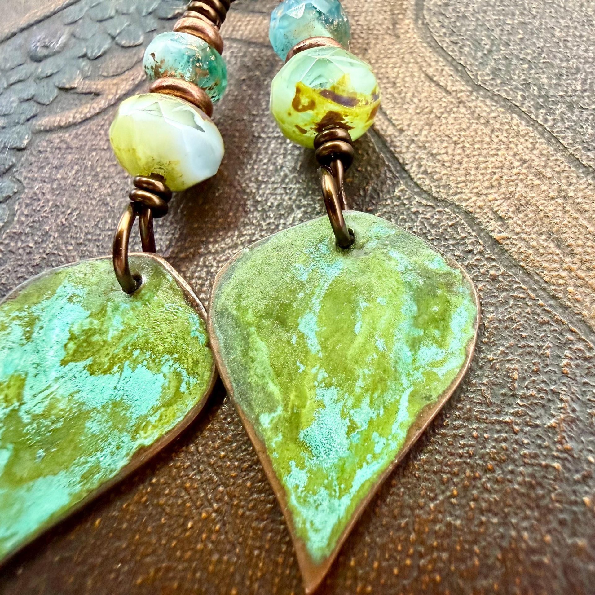 Verdigris Earrings, Copper Patina, Teardrop Dangle, Czech Glass Beads, Boho Hippie, Blue Green Earthy, Soul Harbor Jewelry, Earth Witch