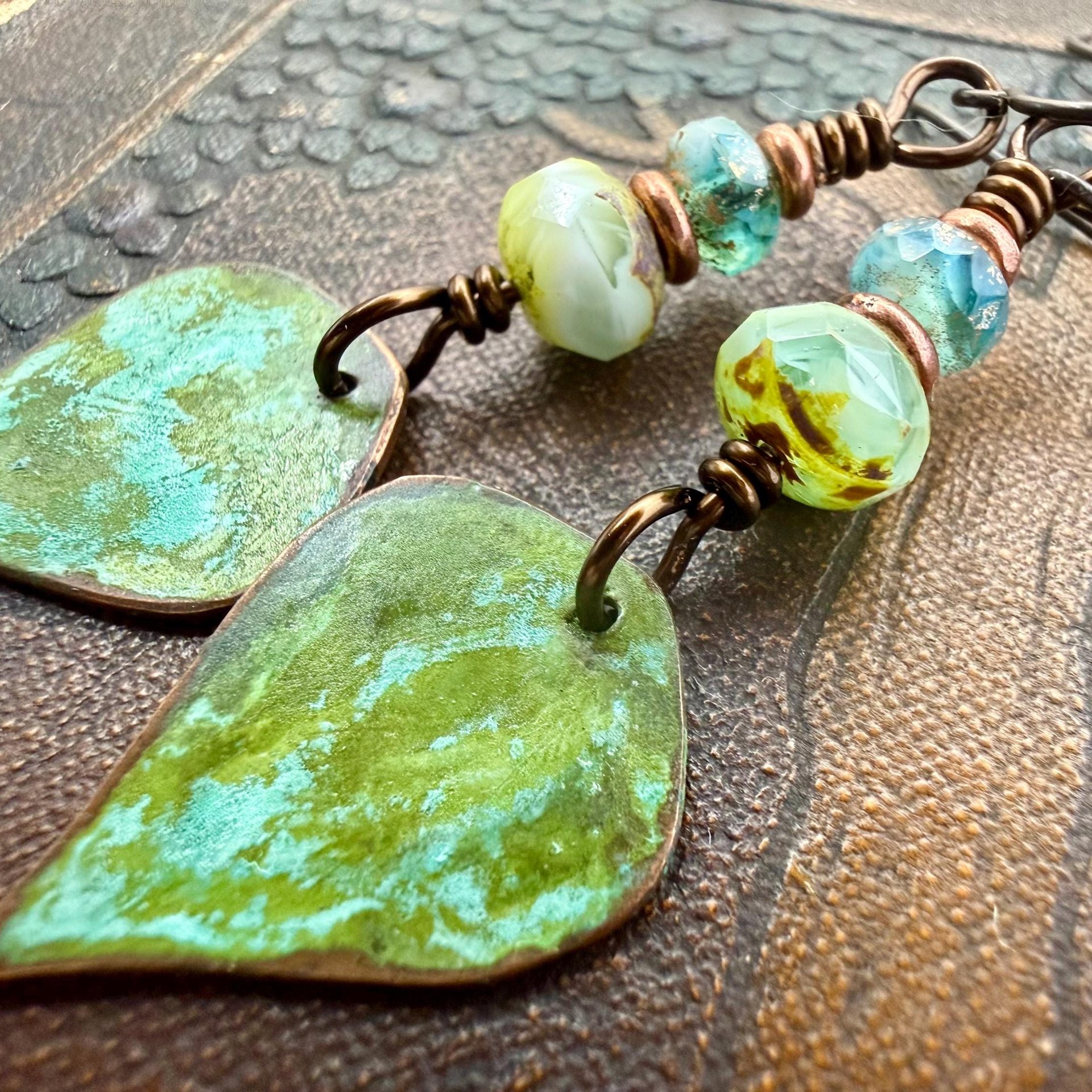 Verdigris Earrings, Copper Patina, Teardrop Dangle, Czech Glass Beads, Boho Hippie, Blue Green Earthy, Soul Harbor Jewelry, Earth Witch