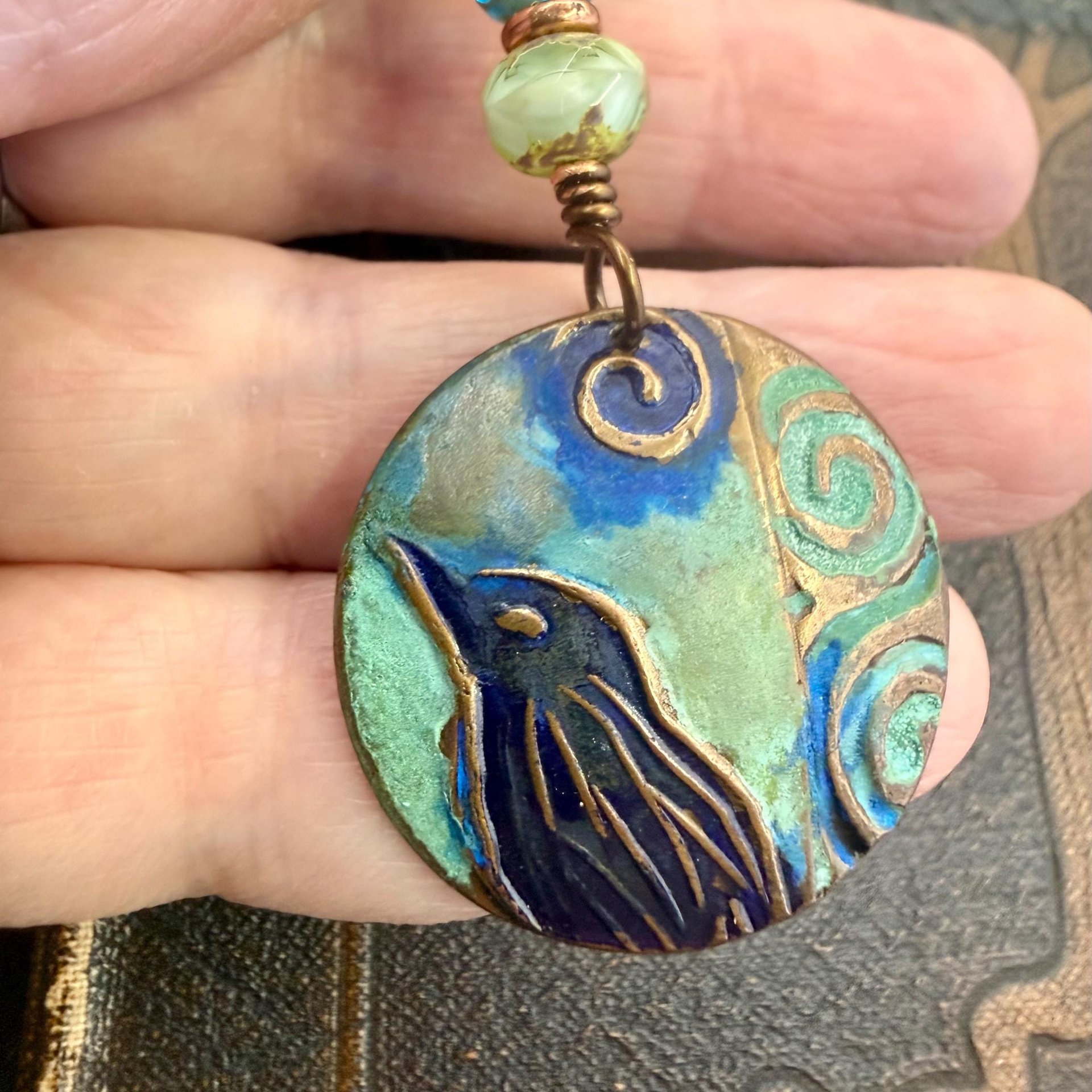 Copper Raven Pendant, Colorful Patina, Czech Glass Beads, Hand Carved, Irish Celtic Spirals, Celtic Witch Goddess, Crow Corvid Birds, Earthy