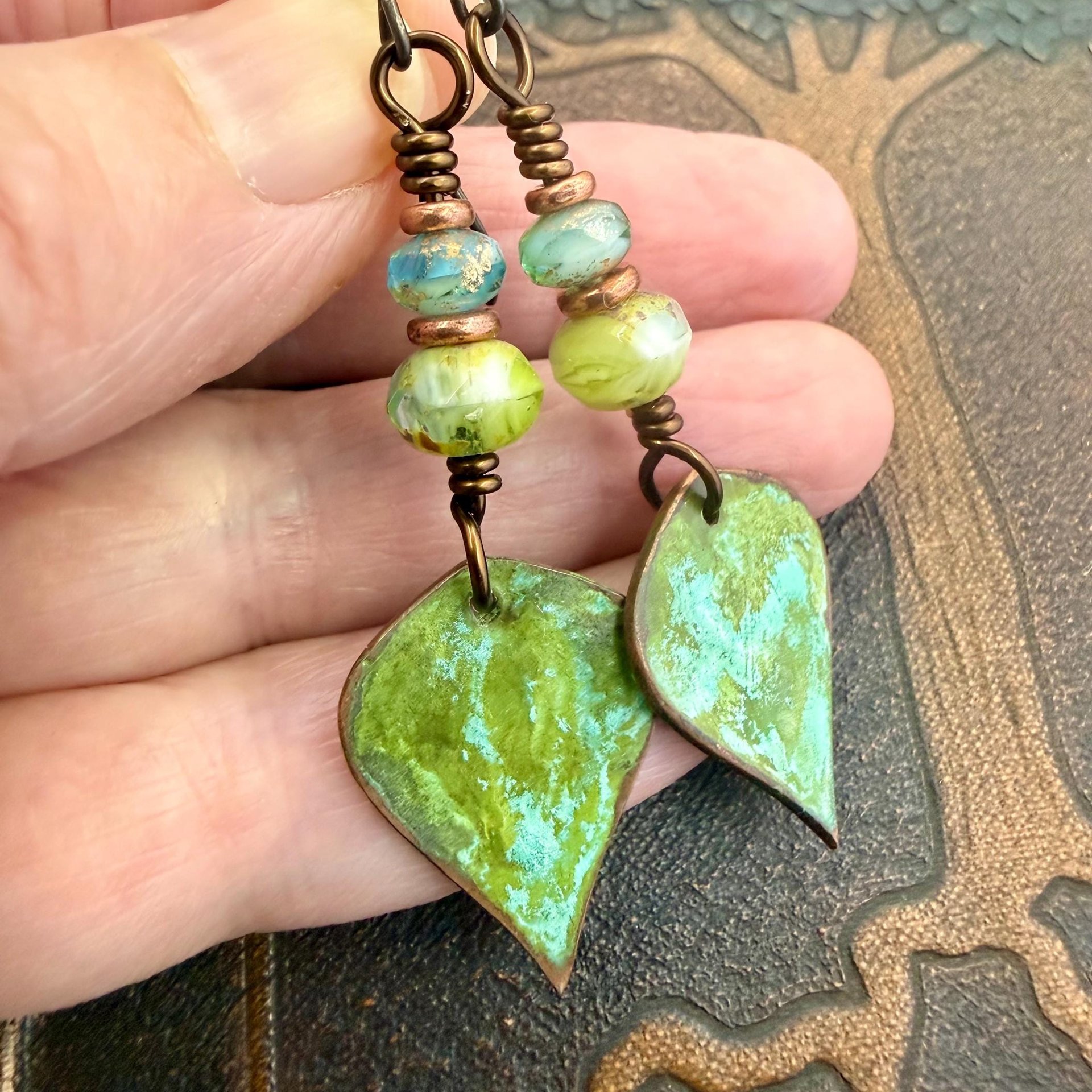 Verdigris Earrings, Copper Patina, Teardrop Dangle, Czech Glass Beads, Boho Hippie, Blue Green Earthy, Soul Harbor Jewelry, Earth Witch