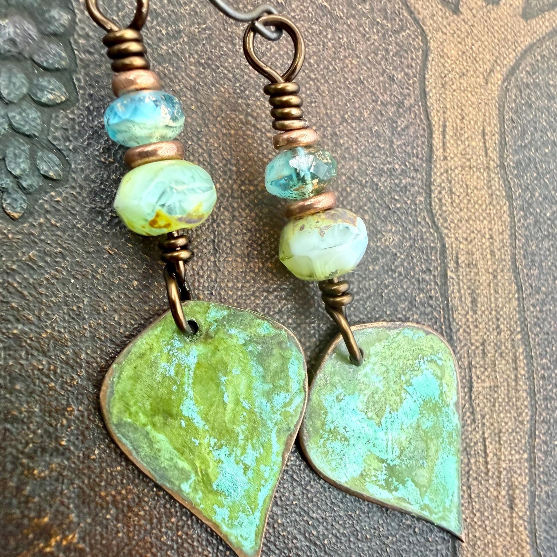 Verdigris Earrings, Copper Patina, Teardrop Dangle, Czech Glass Beads, Boho Hippie, Blue Green Earthy, Soul Harbor Jewelry, Earth Witch