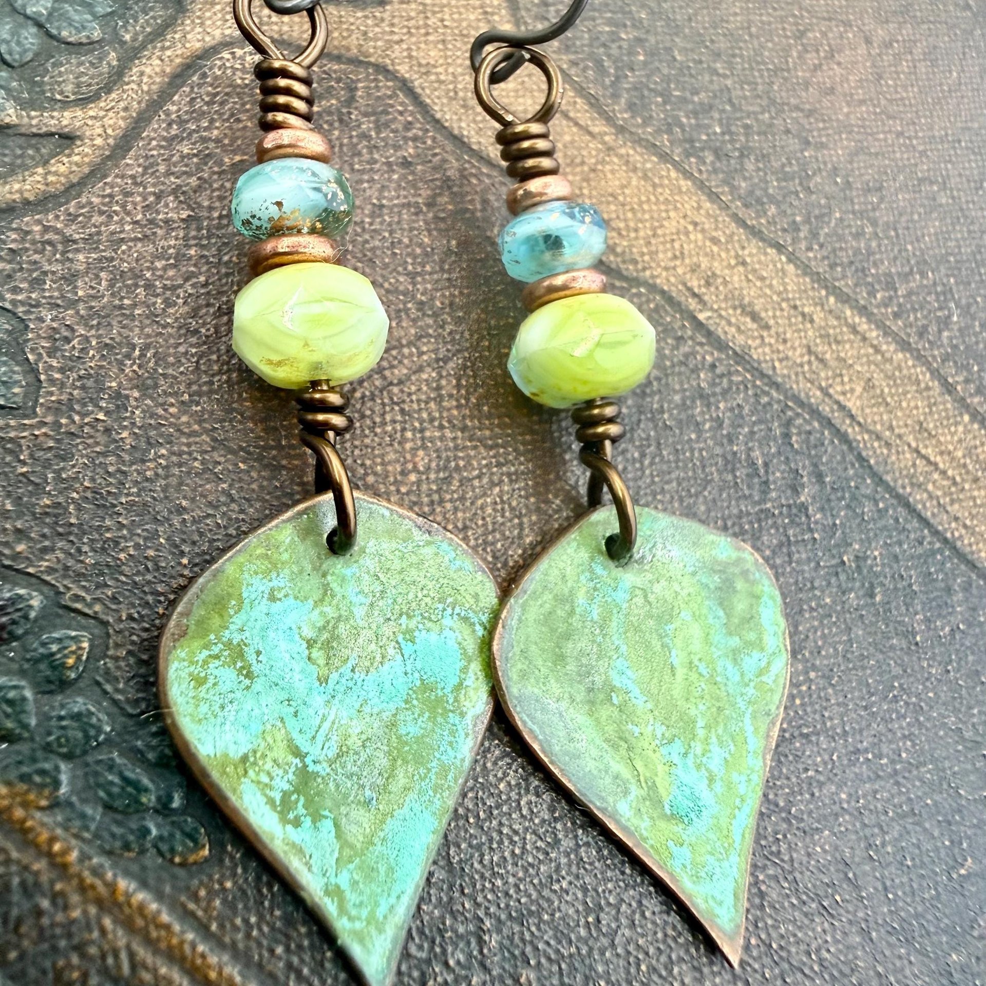 Verdigris Earrings, Copper Patina, Teardrop Dangle, Czech Glass Beads, Boho Hippie, Blue Green Earthy, Soul Harbor Jewelry, Earth Witch