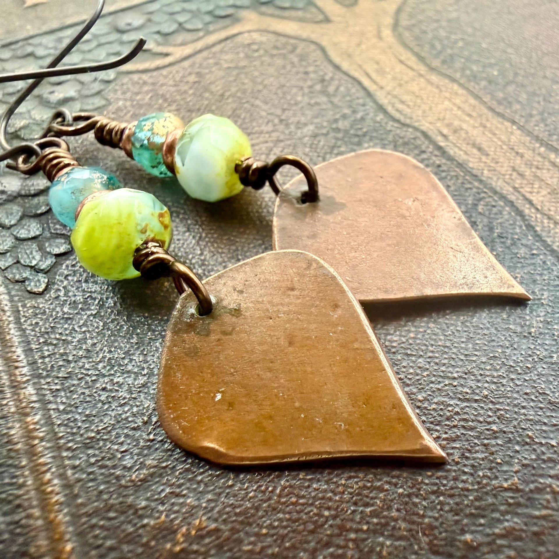Verdigris Earrings, Copper Patina, Teardrop Dangle, Czech Glass Beads, Boho Hippie, Blue Green Earthy, Soul Harbor Jewelry, Earth Witch