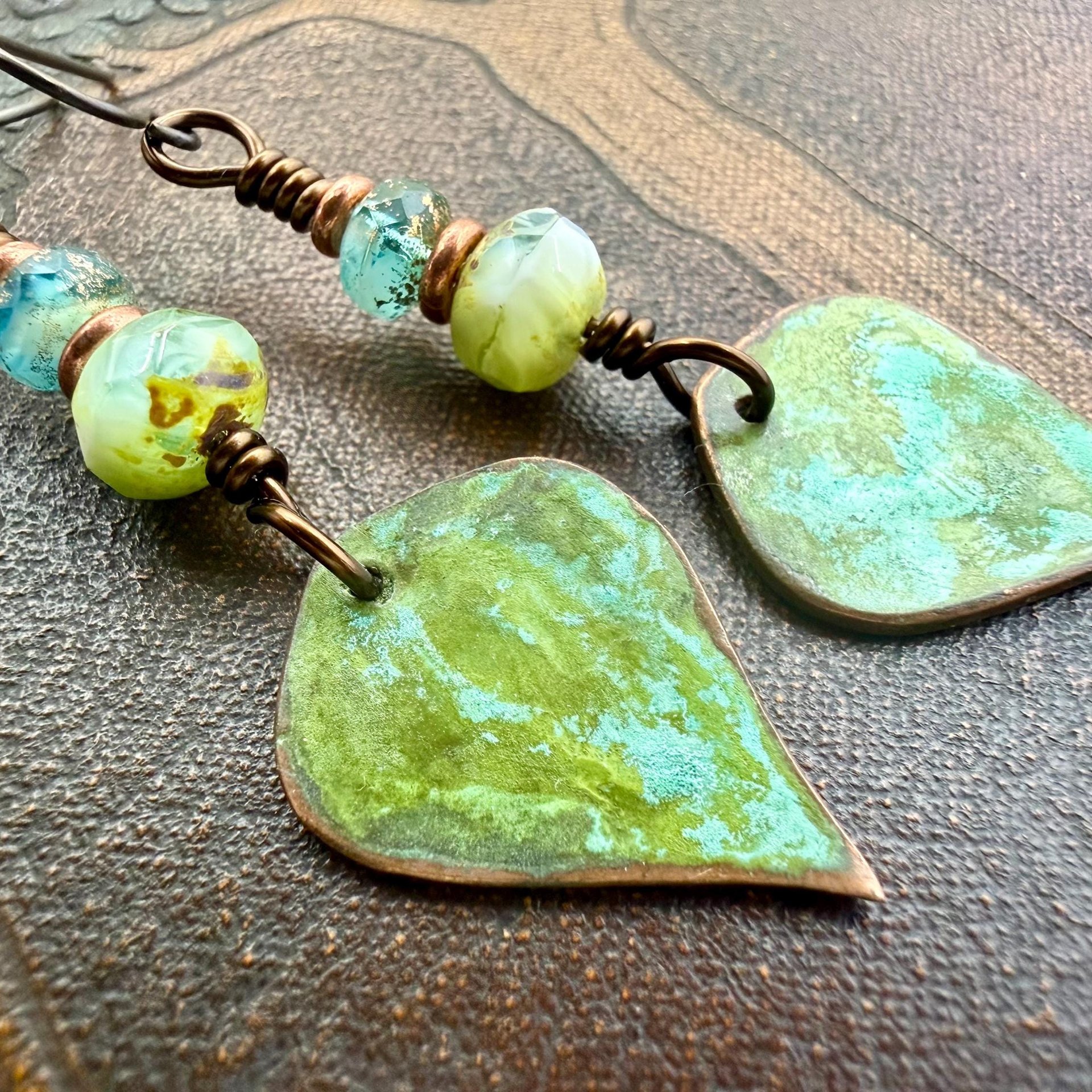Verdigris Earrings, Copper Patina, Teardrop Dangle, Czech Glass Beads, Boho Hippie, Blue Green Earthy, Soul Harbor Jewelry, Earth Witch