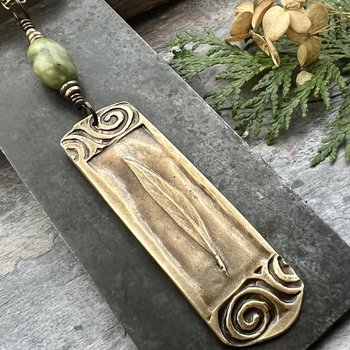 Willow Leaf Bronze Pendant, Connemara Marble Necklace, Irish Celtic Jewelry, Sacred Celtic Tree Astrology, Leather Vegan Cords, Green Witch
