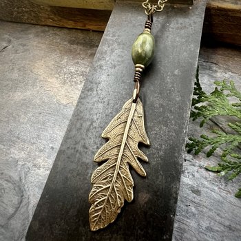 Oak Leaf Bronze Pendant, Connemara Marble Necklace, Irish Celtic Jewelry, Sacred Celtic Tree Astrology, Leather Vegan Cords, Green Witch