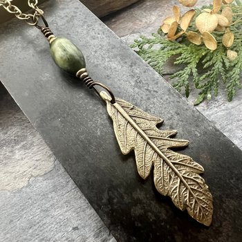 Oak Leaf Bronze Pendant, Connemara Marble Necklace, Irish Celtic Jewelry, Sacred Celtic Tree Astrology, Leather Vegan Cords, Green Witch