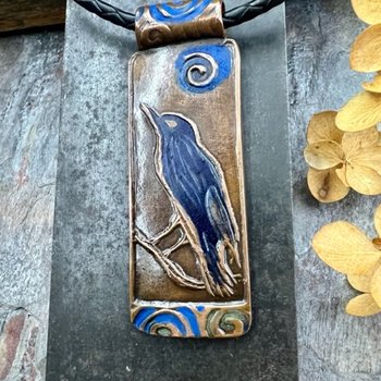 Copper Raven Pendant, Blue Patina, Hand Carved, Irish Celtic Spirals, Celtic Witch Goddess, Crow Corvid Birds, Earthy Rustic Jewelry
