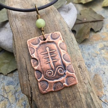 Heather Ogham Charm, Copper Pendant, Connemara Marble, Hand Carved Art, Druid Sacred Trees, Leather & Vegan Cords, Irish Celtic Spirals