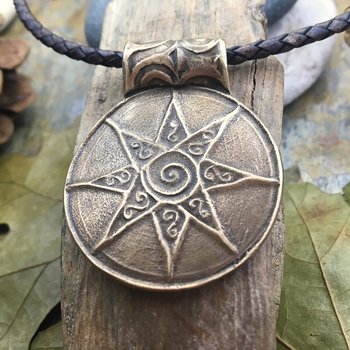 Celtic Sun Pendant, Bronze Sun Necklace, Hand Carved, Irish Celtic Spirals, Round Sun Star, Leather & Vegan Cords, Handmade Art Jewelry