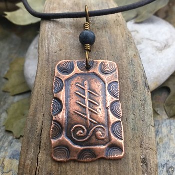 Blackthorn Tree Ogham Charm, Copper Pendant, Connemara Marble, Hand Carved, Irish Celtic Spirals, Druid Sacred Trees, Leather & Vegan Cords