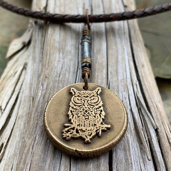 Bronze Owl Charm, Irish Celtic, Owl Witch Necklace, Celtic Hag Crone, Leather & Vegan Cords, Handmade Art Jewelry, Soul Harbor Jewelry