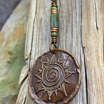 Celtic Sun Spiral, Copper Sun Pendant, Sun Necklace, Irish Celtic, Pagan Druid Jewelry, Czech Glass Bead, Anniversary, Soul Harbor Jewelry
