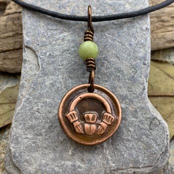 Claddagh Irish Charm, Copper Wax Seal Necklace, Connemara Marble, Irish Celtic Jewelry, Love Loyalty Friendship, Symbols of Ireland