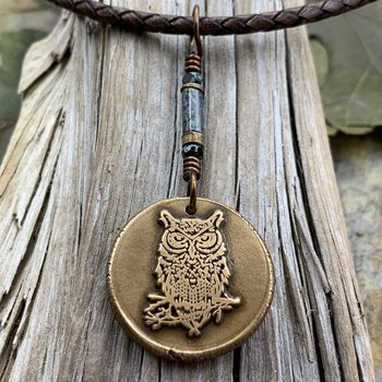 Bronze Owl Charm, Irish Celtic, Owl Witch Necklace, Celtic Hag Crone, Leather & Vegan Cords, Handmade Art Jewelry, Soul Harbor Jewelry
