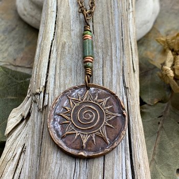 Celtic Sun Spiral, Copper Sun Pendant, Sun Necklace, Irish Celtic, Pagan Druid Jewelry, Czech Glass Bead, Anniversary, Soul Harbor Jewelry