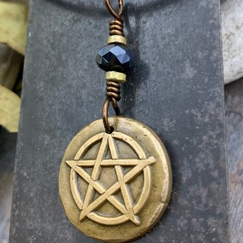 Pentagram Bronze Charm, Pentacle Pendant, Black Crystal Bead, Leather & Vegan Cords, Pagan Wicca, 5 Elements Star, Handmade, Witchy Things