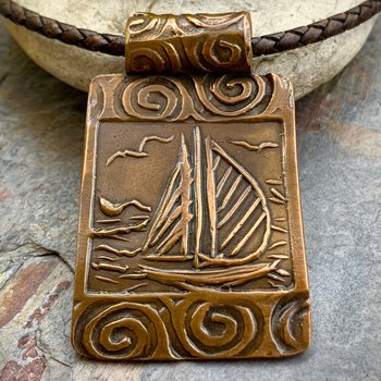 Copper Sailboat Pendant, Hand Carved, Sailing Nautical Necklace, Irish Celtic Spirals, Adventure Journey, Sailor Gifts, Handmade Art Jewelry
