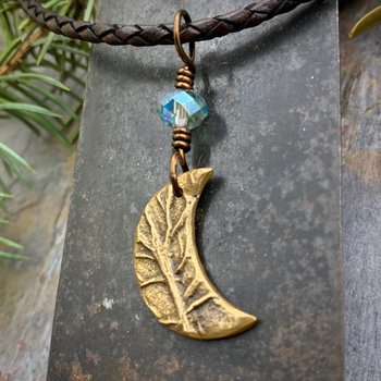 Crescent Moon Charm, Bronze Moon Necklace, Hand Carved Tree Branches, Celestial Jewelry, Pagan Wicca, Moon Goddess, Celtic Witch, Handmade