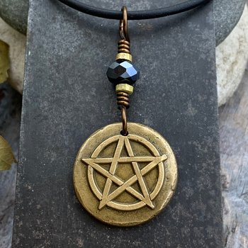 Pentagram Bronze Charm, Pentacle Pendant, Black Crystal Bead, Leather & Vegan Cords, Pagan Wicca, 5 Elements Star, Handmade, Witchy Things